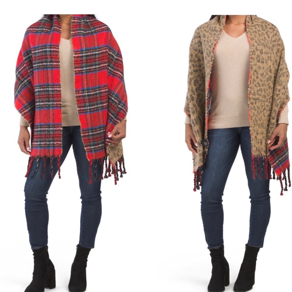 🆕 STEVE MADDEN Red Plaid & Animal Print Reversible Blanket Scarf OS. NIP!